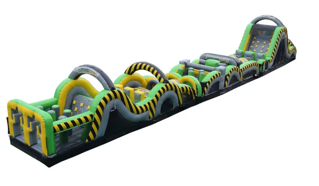Long colorful inflatable obstacle course with climbing walls and arches for outdoor events and parties