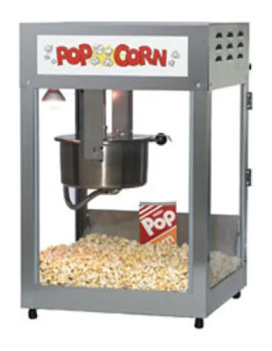 Classic commercial popcorn machine with freshly popped popcorn inside and popcorn box on the bottom.