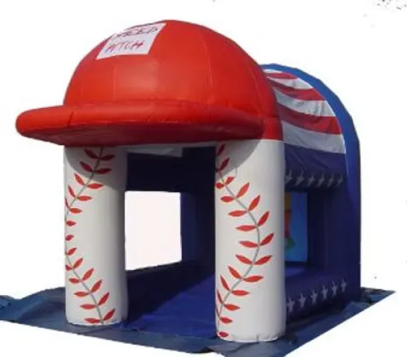 Inflatable baseball-themed bounce house shaped like a red cap with white pillars decorated with red stitching details.