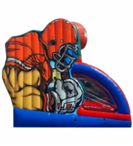 Inflatable slide featuring a football player in orange gear throwing a ball, with blue and red accents.