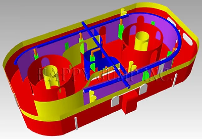 3D model of a colorful mechanical component with red, yellow, blue, green, and purple parts and curved shapes