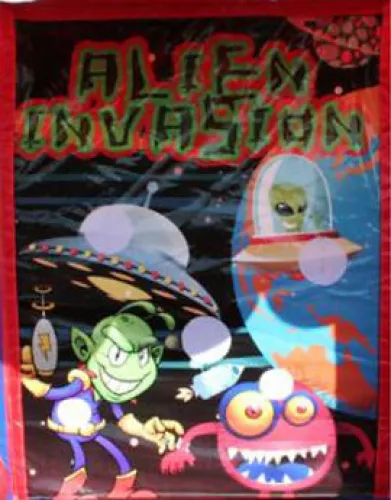 Colorful illustration of aliens and UFOs with the text Alien Invasion in a cartoon style on a dark background.
