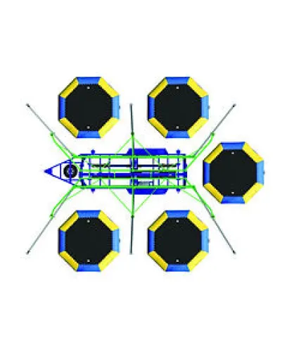 Top view of a colorful octagonal trampoline set with six trampolines connected by green and blue framework.
