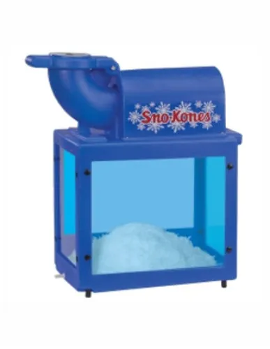 Blue Sno-Kones shaved ice machine with snowflake design and visible ice inside blue display case.