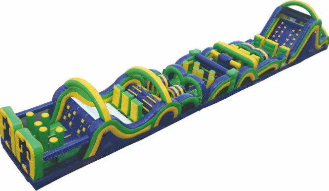 Long inflatable obstacle course with blue, green, and yellow sections for outdoor fun and activities