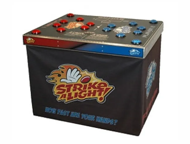 Strike 4 Light fast reaction game with red and blue buttons on a square tabletop arcade design.