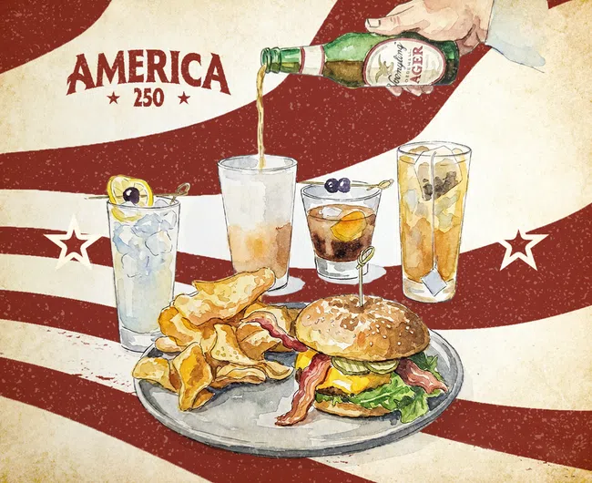 Illustration of a classic American meal with a burger, chips, beverages, and a hand pouring lager against a vintage flag background.