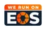 Logo with text We Run On EOS featuring a light bulb symbol inside the letter O with orange and dark blue colors.