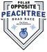 Logo for Polar Opposite Peachtree Road Race featuring blue peach and snowflakes with race name and newspaper sponsor.