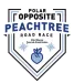 Logo for Polar Opposite Peachtree Road Race featuring blue peach and snowflakes with race name and newspaper sponsor.