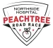 Northside Hospital Peachtree Road Race logo with shield design and peach icon in red and black.