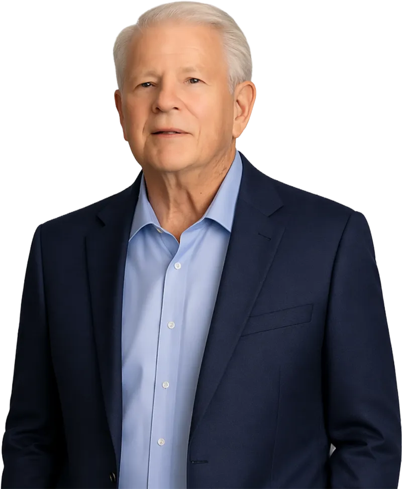 Portrait of an elderly man with white hair wearing a blue suit jacket and light blue dress shirt.
