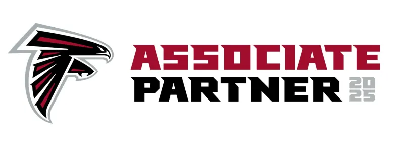 Atlanta Falcons logo with text Associate Partner 2025 on a white background