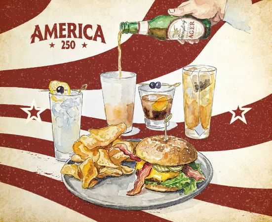 Illustration of an American meal with cheeseburger, bacon, chips, drinks, and a hand pouring beer with a patriotic background.