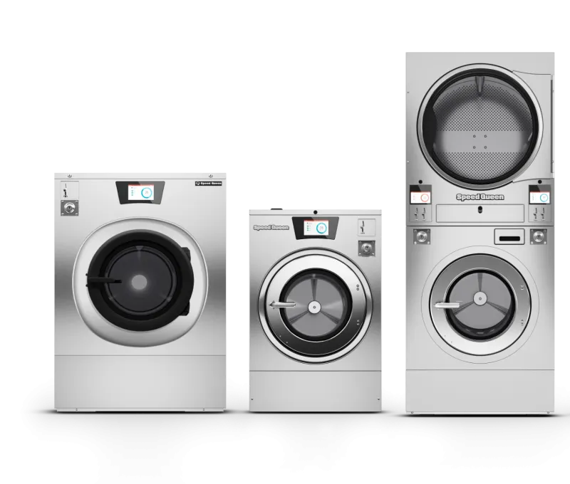Commercial front-loading washing machines and dryers in stainless steel with digital control panels for laundry use