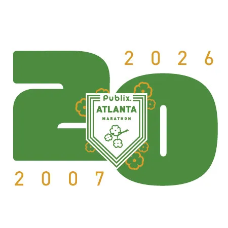 Green and gold logo celebrating 20 years of the Publix Atlanta Marathon from 2007 to 2026 with floral elements