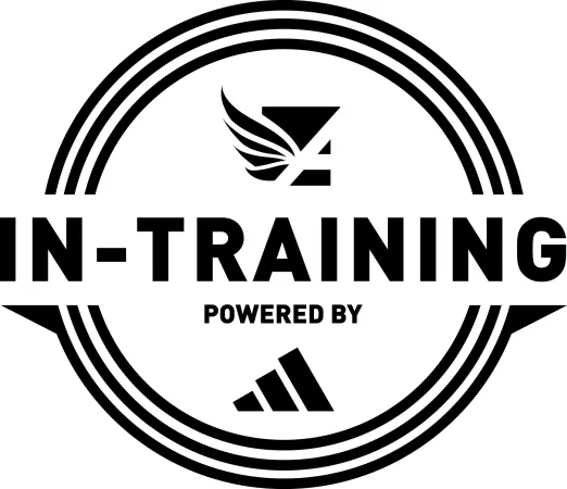 Black and white logo with wings icon, text In-Training powered by Adidas, encircled by triple rings
