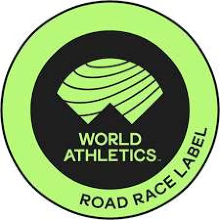 World Athletics Road Race Label logo with green and black circular design featuring stylized lines and text.