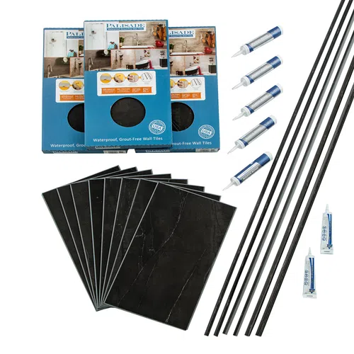 Palisade waterproof grout-free black wall tile kit with tiles, grout tubes, and trim strips for easy installation.