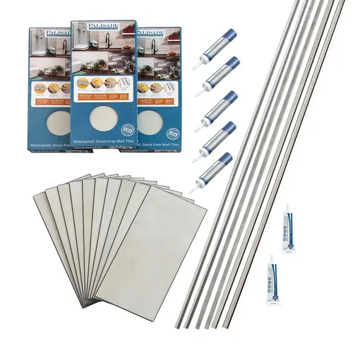 Waterproof grout-free wall tile kit with ten rectangular tiles, metal strips, and adhesive tubes for seamless installation.