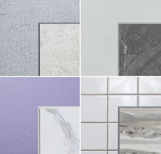 Four close-up sections of various tiles and surfaces with different textures and colors arranged in a grid.