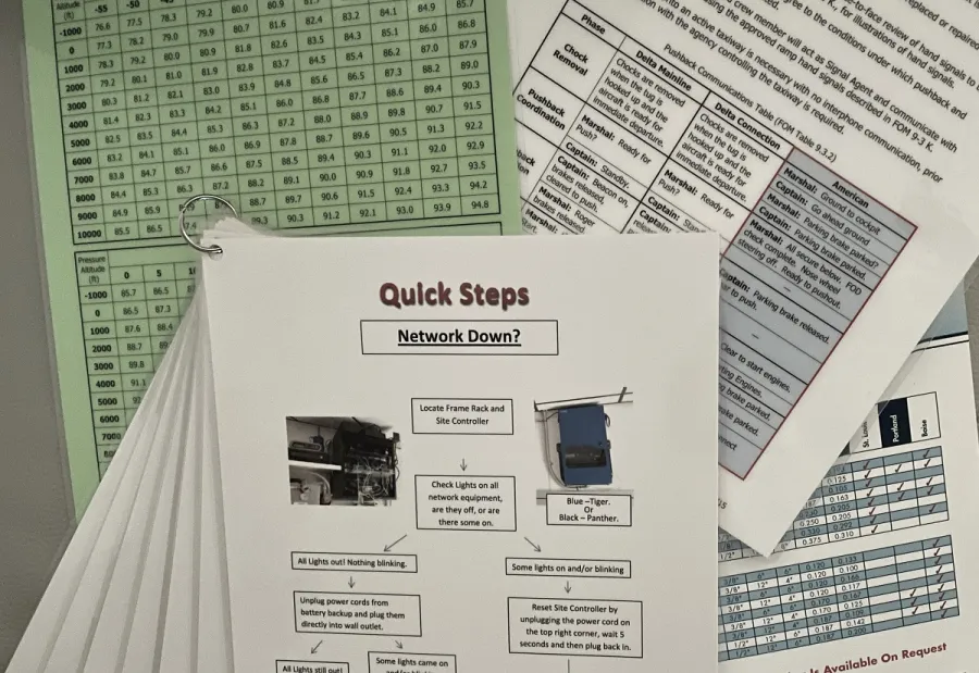 An assortment of Laminated Reference Sheets on a table