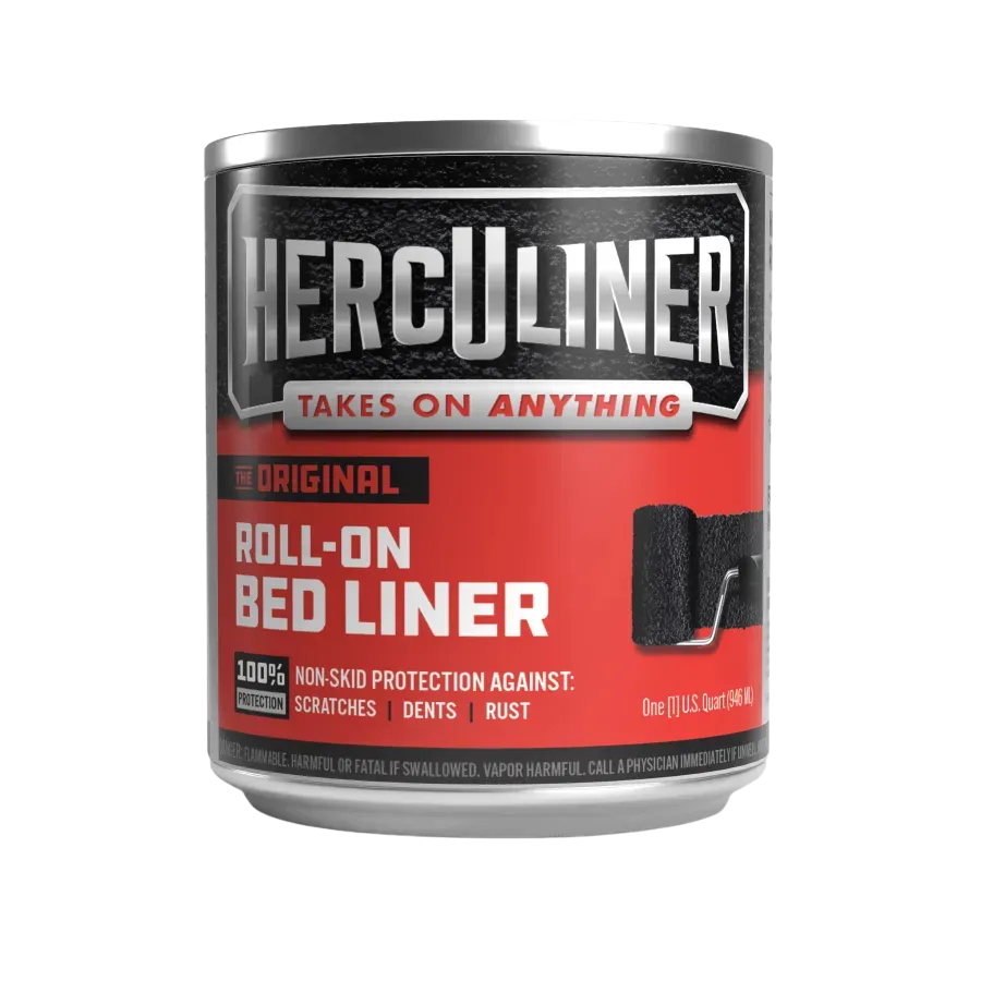 Herculiner roll-on bed liner can with black and red label for scratch, dent, and rust protection.
