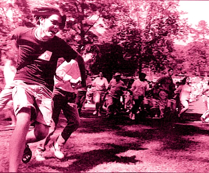 a group of people running