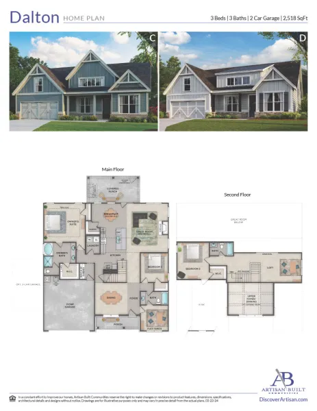 Dalton home plan with two exterior designs and detailed floor plans for main and second floors.