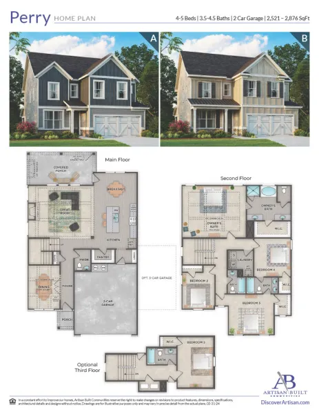 Perry home plan with 4-5 bedrooms, 3.5-4.5 baths, two house exterior options, and detailed floor layouts.