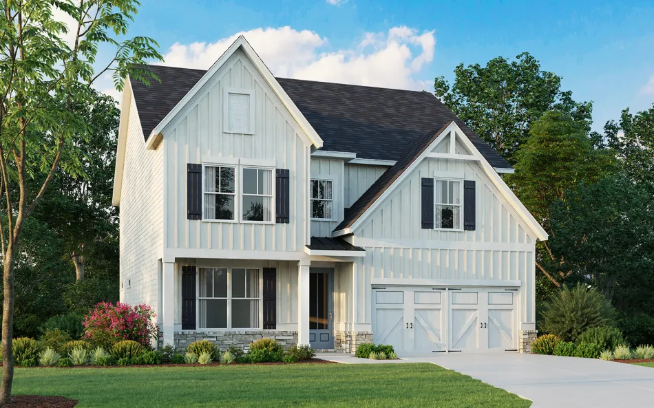 Two-story white modern farmhouse with black shutters, a two-car garage, and landscaped lawn under blue sky.