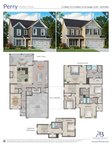 Perry home plan with two exterior options and detailed floor plans for three levels including 4-5 bedrooms and garage.