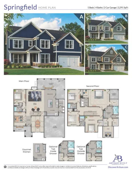 Springfield home plan with three exterior color options and detailed two-story floor layouts including a gourmet kitchen.