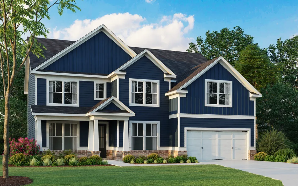 Two-story blue house with white trim, multiple windows, a front porch, and a double garage under a clear sky.
