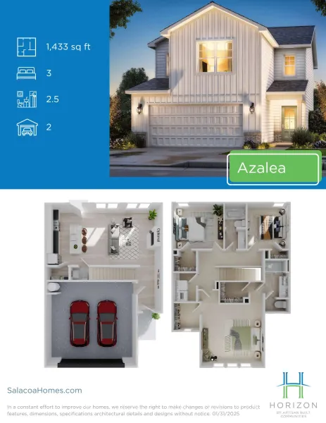 Two-story modern white house labeled Azalea with 3 bedrooms, 2.5 baths, 2-car garage, and 1433 sq ft.