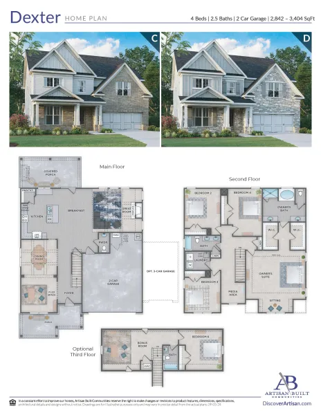 Dexter home plan with 4 beds, 2.5 baths, 2-car garage options, and detailed floor layouts for three levels.