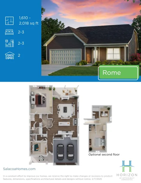 Rome model home with 2-3 bedrooms, 2 bathrooms, and 2-car garage, showing exterior and floor plans.