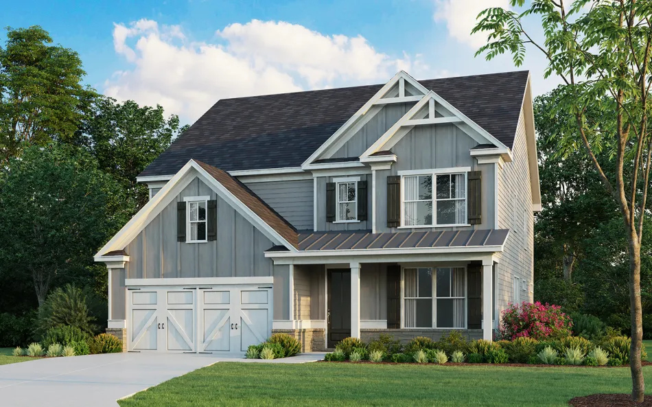 Modern two-story gray house with white trim, front porch, double garage, and landscaped yard under blue sky.