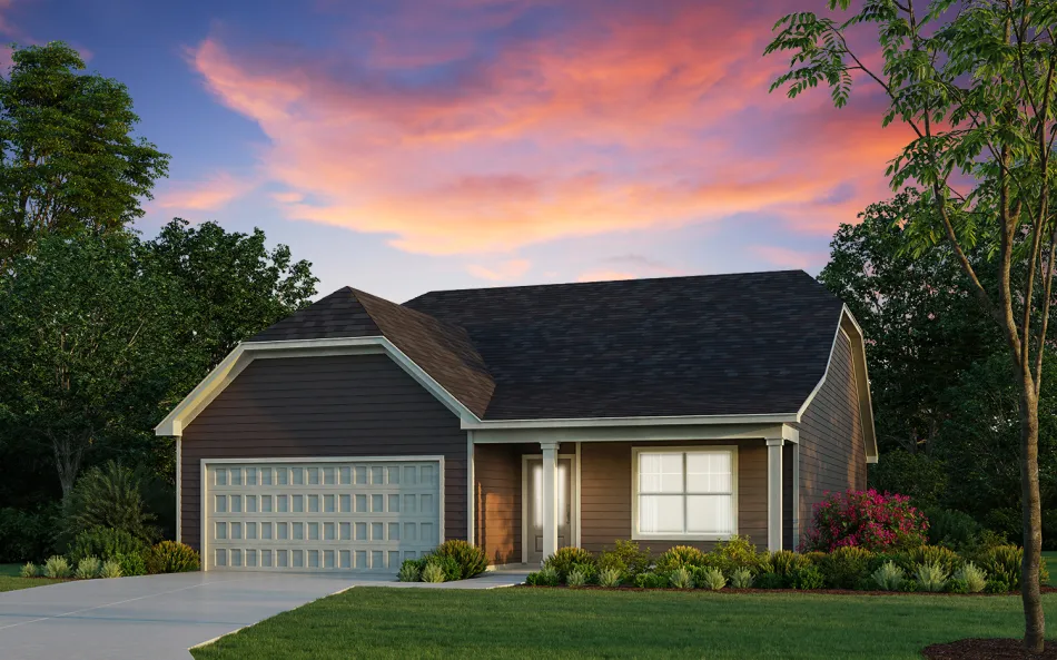 a house with a driveway and trees