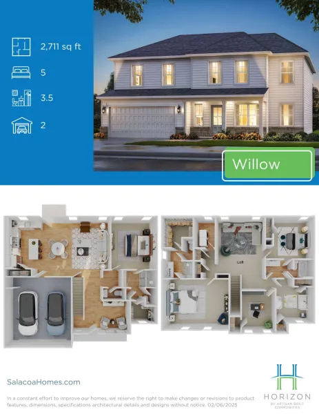 Two-story house exterior with a 2,711 sq ft floor plan featuring 5 bedrooms, 3.5 bathrooms, and 2-car garage.