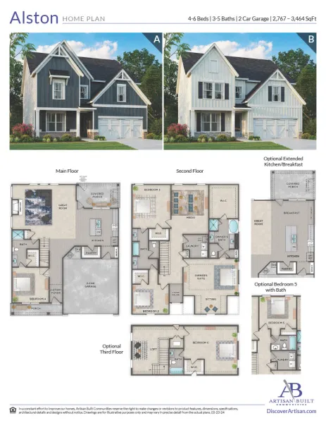 Alston home plan displays two exterior styles and detailed floor plans for three levels with 4-6 bedrooms and 3-5 baths.