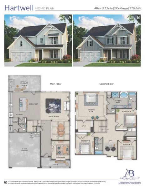 Hartwell home plan featuring two exterior styles, main and second floor layouts with 4 beds, 2.5 baths, and 2-car garage.