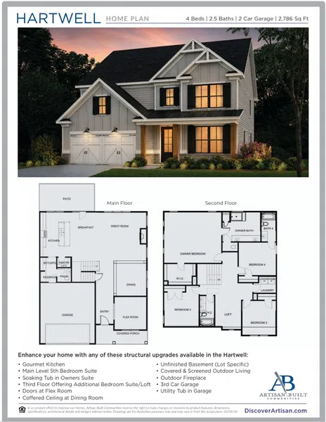 Two-story modern farmhouse with black shutters, a 2-car garage, and illuminated windows at sunset, plus floor plans.