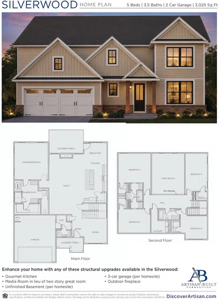 Two-story Silverwood home with beige siding, black roof, 2-car garage, and illuminated windows at dusk