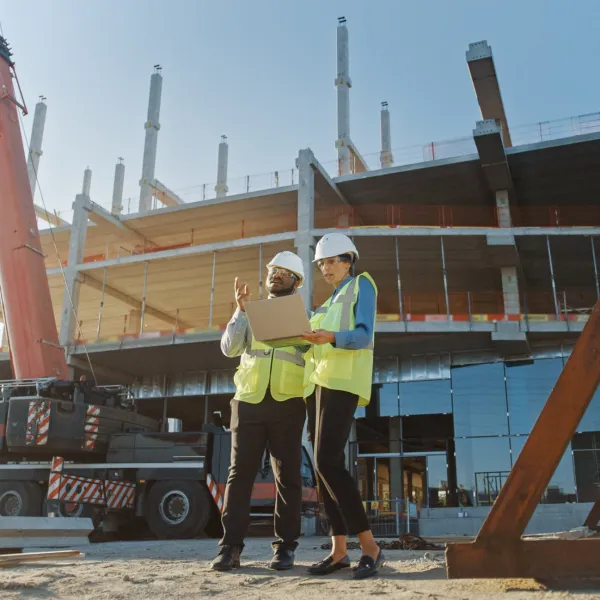 a few people wearing hardhats and reflectors