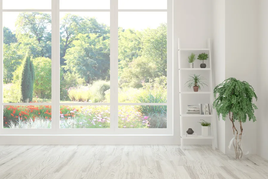 a room with a window and plants