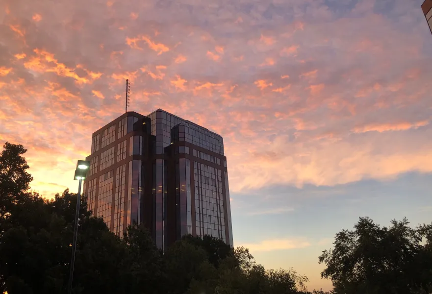a tall building with trees in the front