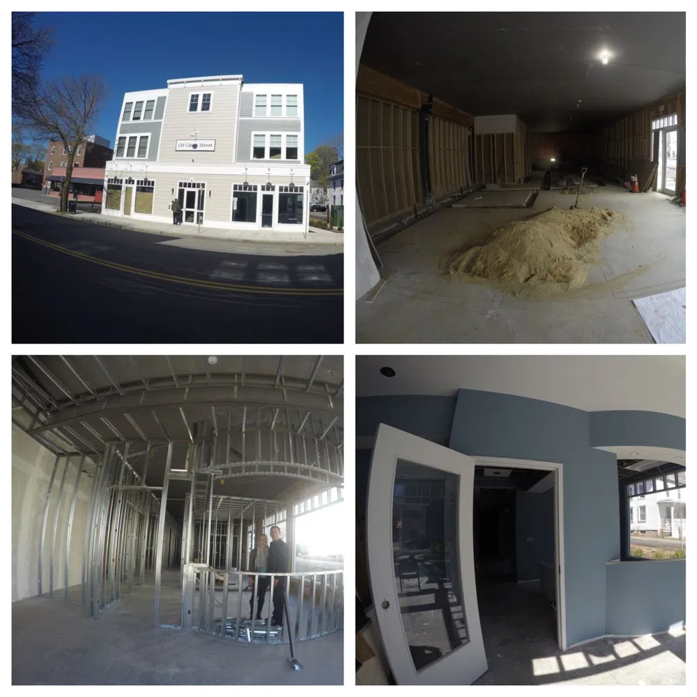 Collage of a commercial building exterior and interior renovation stages, showing framing, drywall, and finished rooms