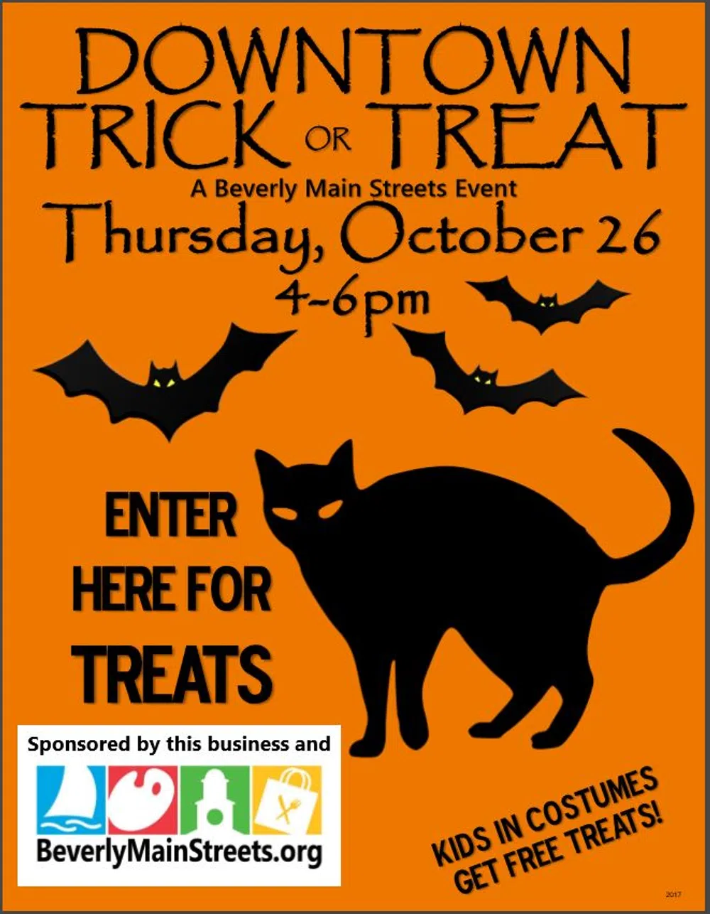 Orange poster for Downtown Trick or Treat event with black cat