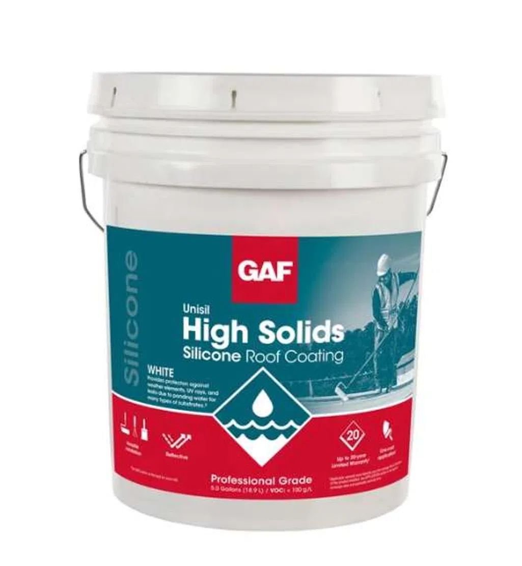 GAF High Solids Silicone Roof Coating white 5-gallon bucket for professional roofing protection.